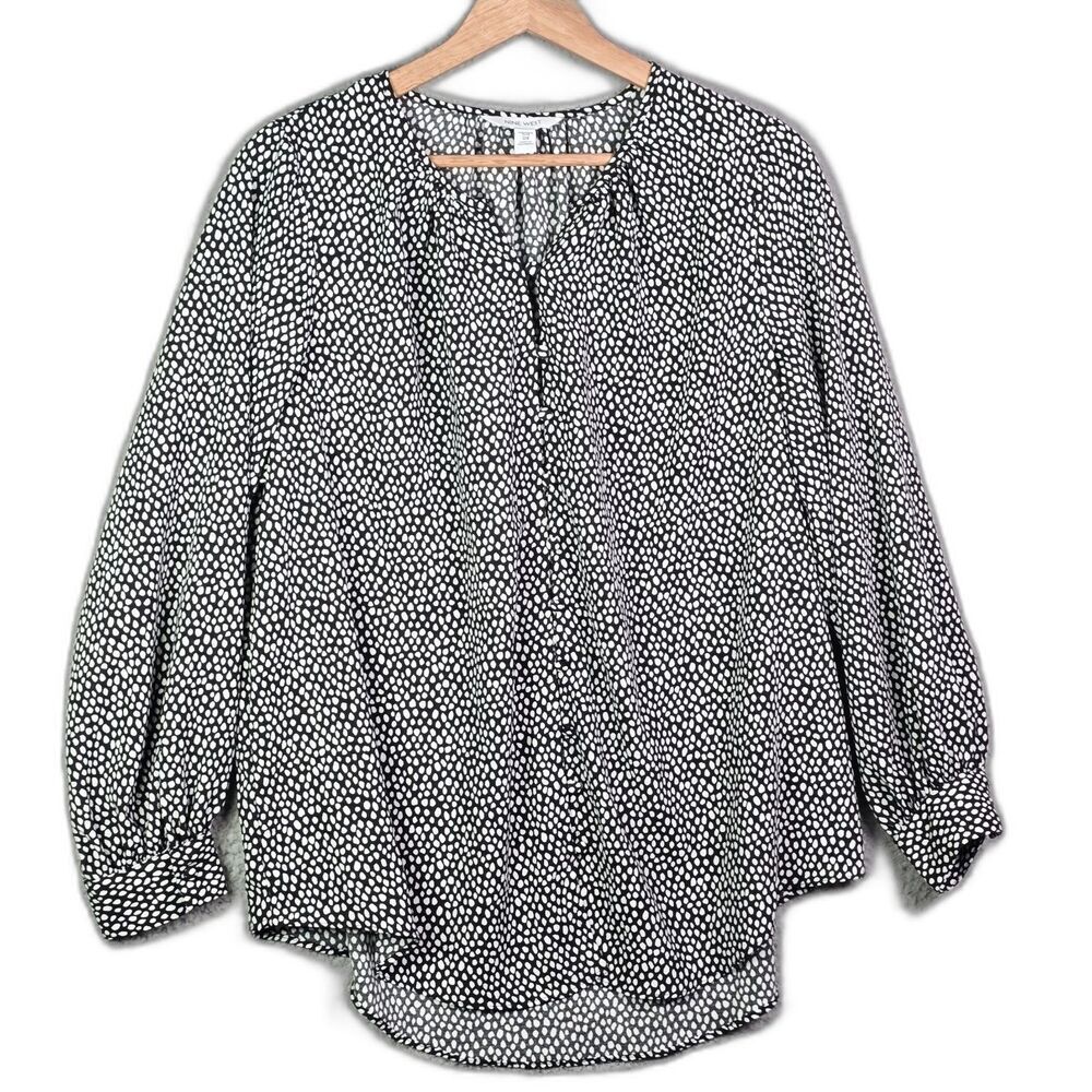 Nine West Blouse Black White 0X Spot Print Boho Long Bishop Sleeve Plus